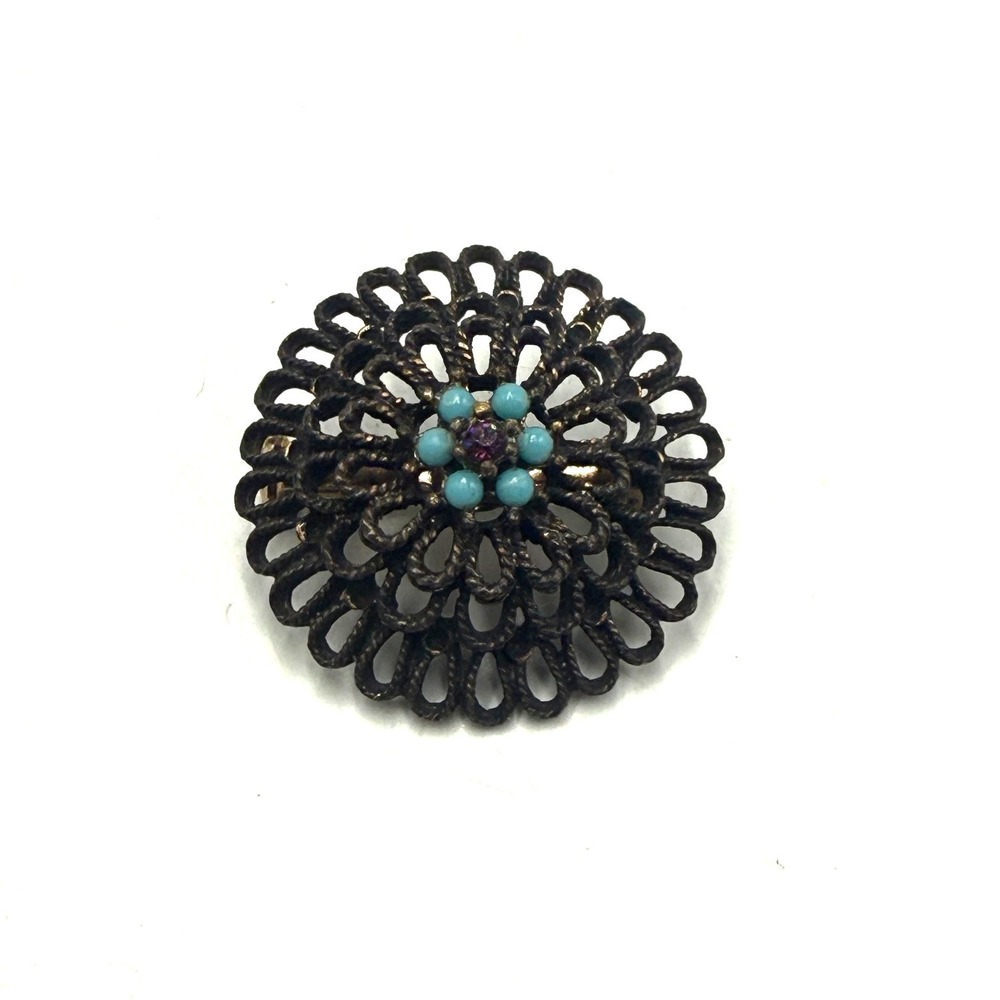 Vintage Floral Openwork Brooch Turquoise Purple Bead Bronze Tone Pin 1.25"